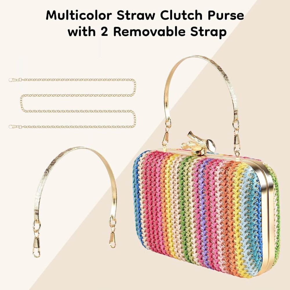 Women's Straw Clutch Purse with Chain Shoulder Strap for Wedding Party - Picture 2 of 6